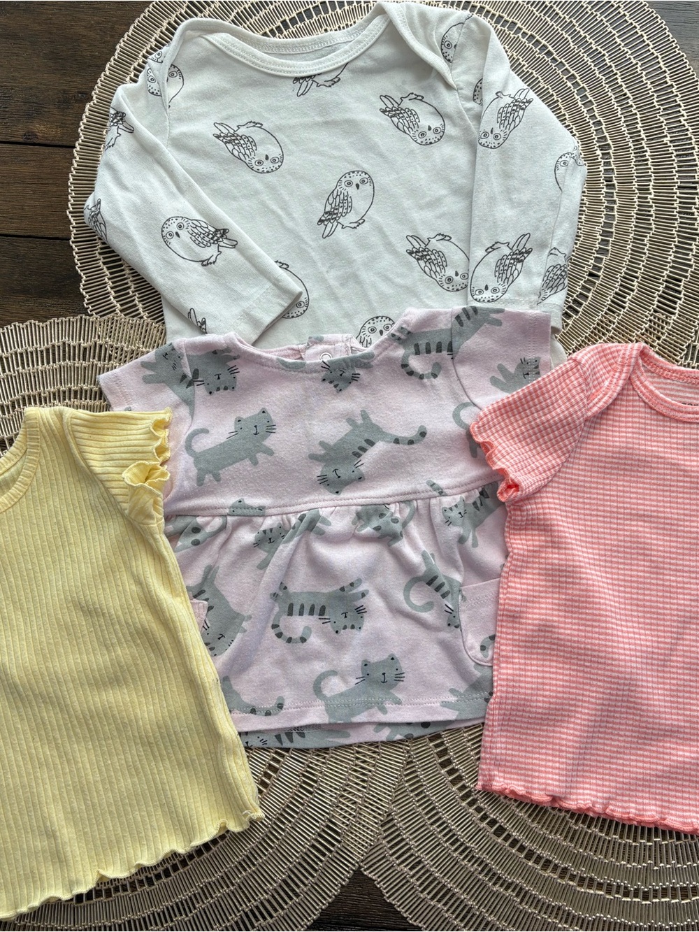 Baby Girls Neutral & Pastel Top Bundle - Birds, Cats, Yellow & Pink